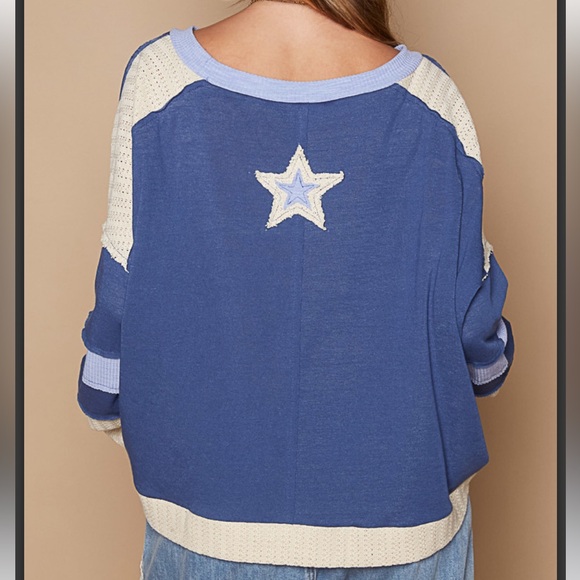 POL star sweater boho patchwork long sleeve blue cream NWT - Picture 5 of 5